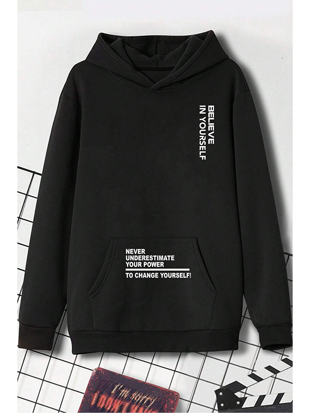 uyguntarz Siyah Belive in Yourself Baskılı Oversize Sweatshirt