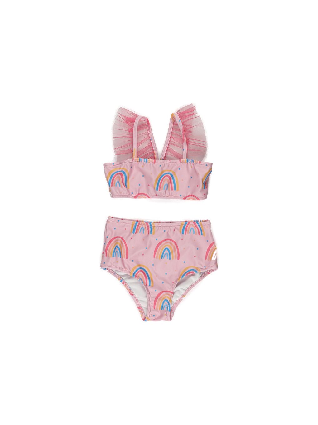 Pembe Kız Çocuk Tül Detaylı Baskılı Bikini Takım