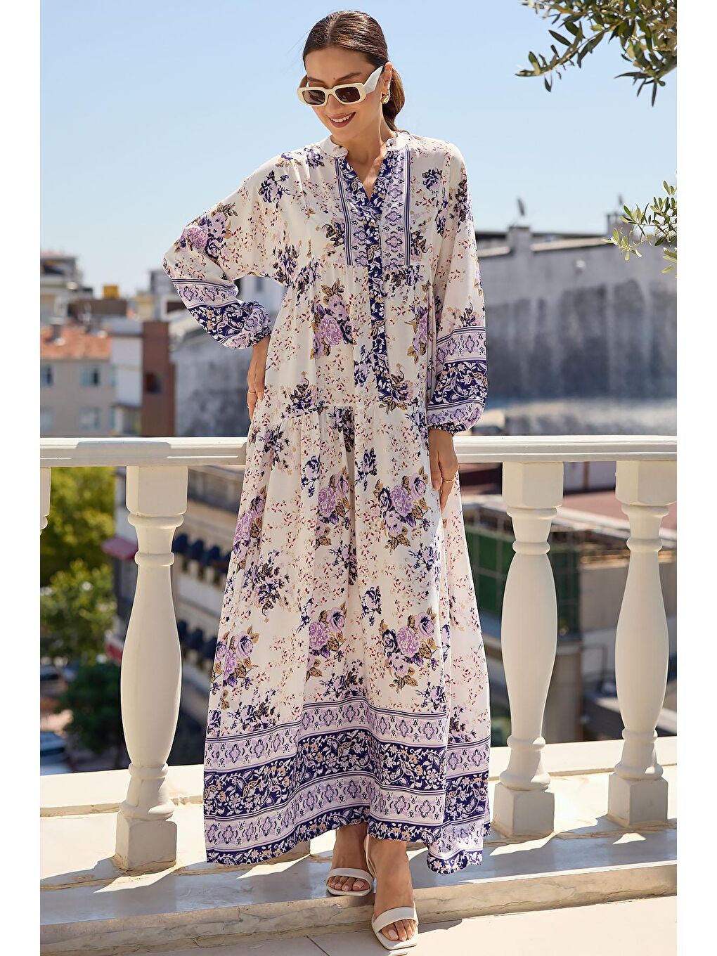 2423 Otantik Desenli Tesettür Elbise - Mor