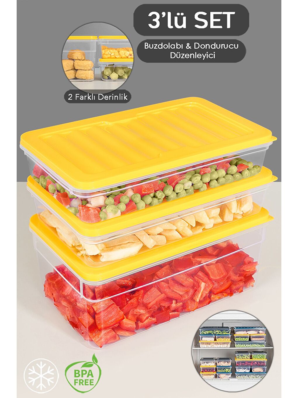 3'lü Buzdolabı Organizer Set Düzenleyici Saklama Kabı Derin ve Sığ Mikrodalga Difriz Kabı M Sarı