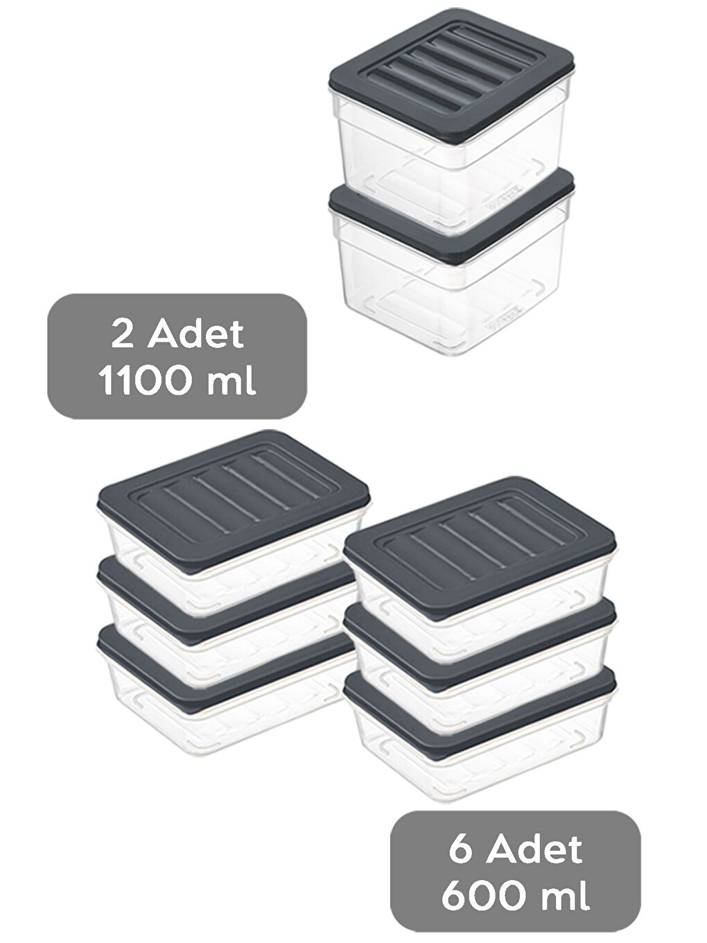 8 li Buzdolabı Düzenleyici Organizer Set Erzak Gıda Saklama Kabı Derin Sığ Difriz Kabı S Antrasit-1