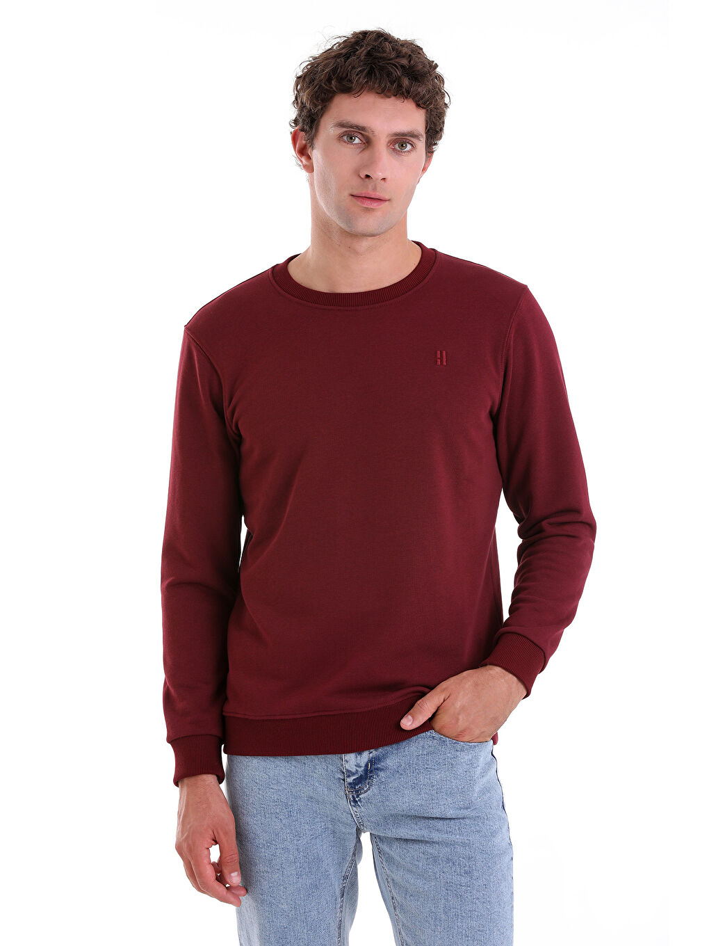 Hatemoğlu Bordo Regular Fit Düz Pamuklu Bisiklet Yaka Sweatshirt - 2