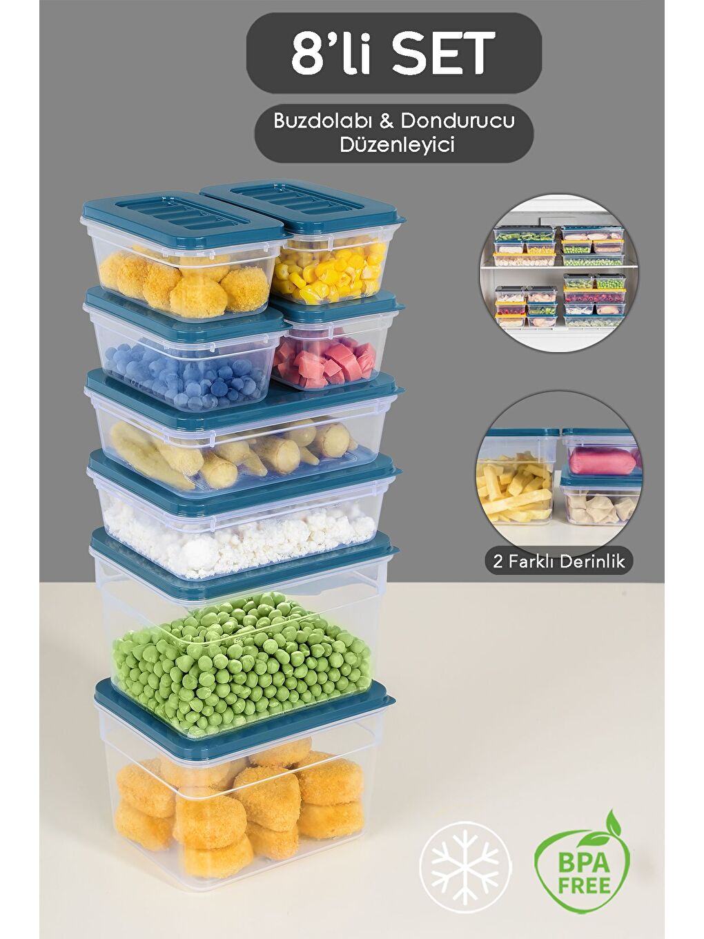 8 li Mikrodalga Uyu mlu Organizer Set Düzenleyici Gıda Erzak Saklama Kabı Derin ve Sığ Mavi