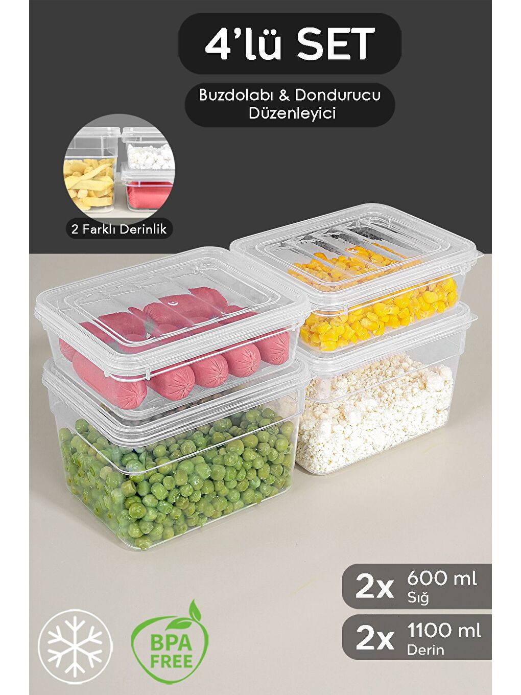 Renksiz 4'lü Derin ve Sığ Erzak Saklama Kabı Seti Şeffaf Kapaklı Mikrodalga Uyu mlu Organizer Düzenleyici S