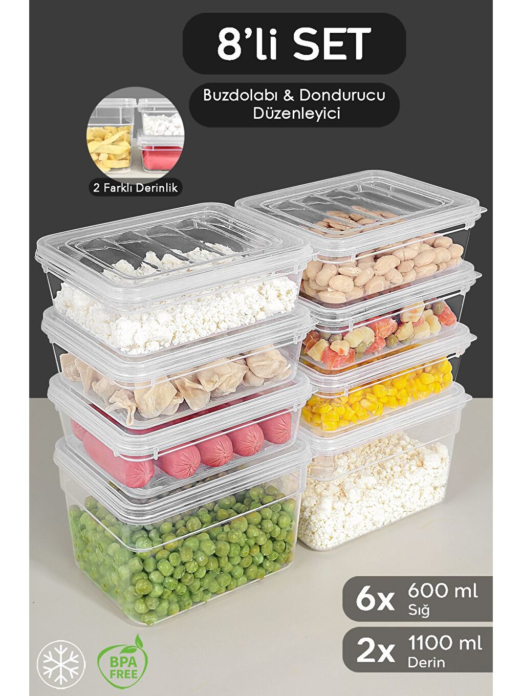 Renksiz 8 li Derin ve Sığ Erzak Saklama Kabı Seti Şeffaf Kapaklı Mikrodalga Uyu mlu Organizer Düzenleyici S