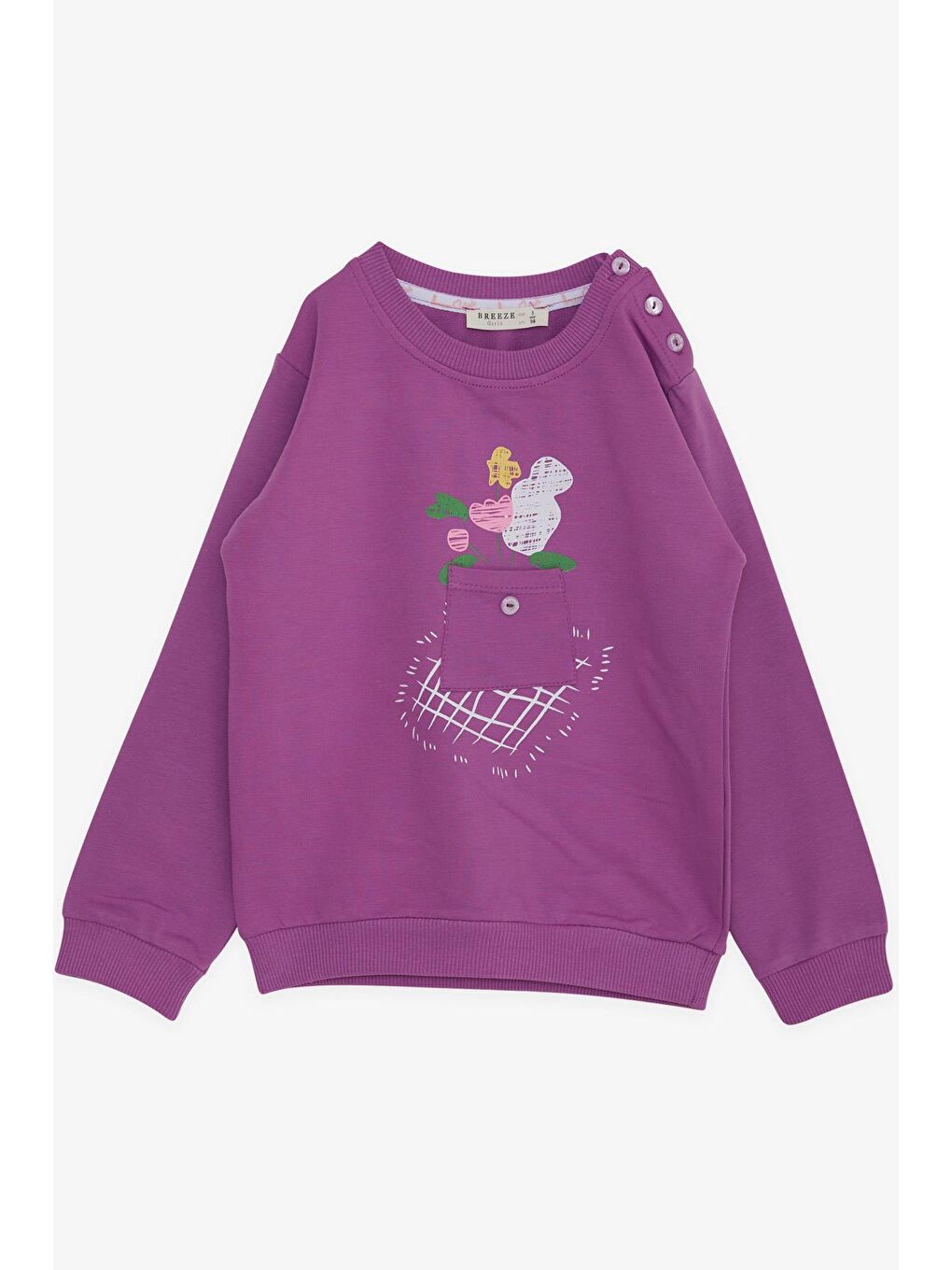 Breeze Eflatun-Beyaz kız bebek Sweatshirt Cepli Çiçek Baskılı Eflatun (1-4 Yaş)