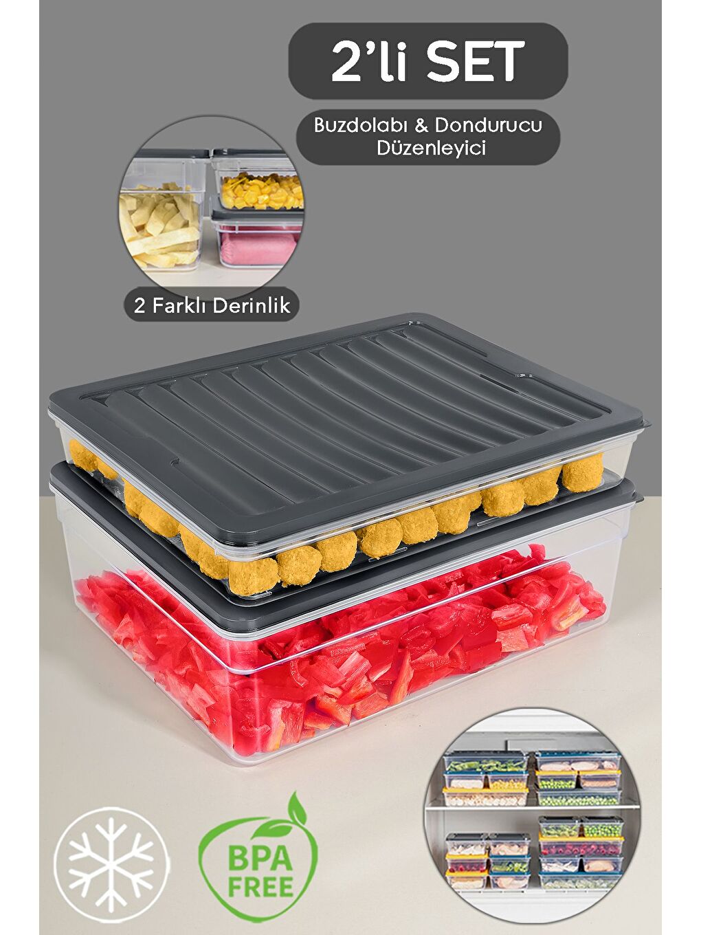 2'li Buzdolabı Organizer Set Düzenleyici Saklama Kabı Derin Sığ Mikrodalga Difriz Kabı xL Antrasit