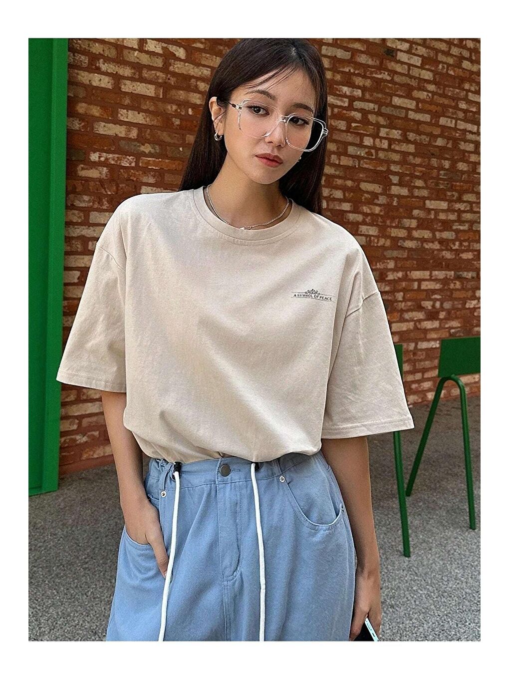 Kadın Bej Mediterranean Baskılı Oversize T-shirt-5