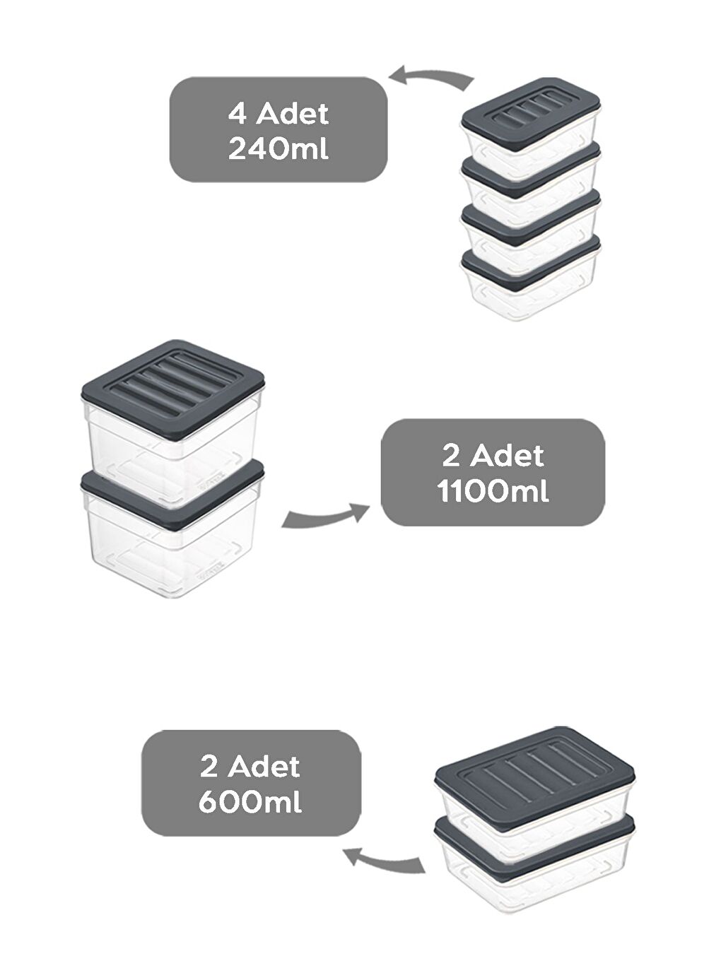 8 li Buzdolabı Organizer Set Düzenleyici Saklama Kabı Derin ve Sığ Mikrodalga Difriz Kabı Antrasit-1