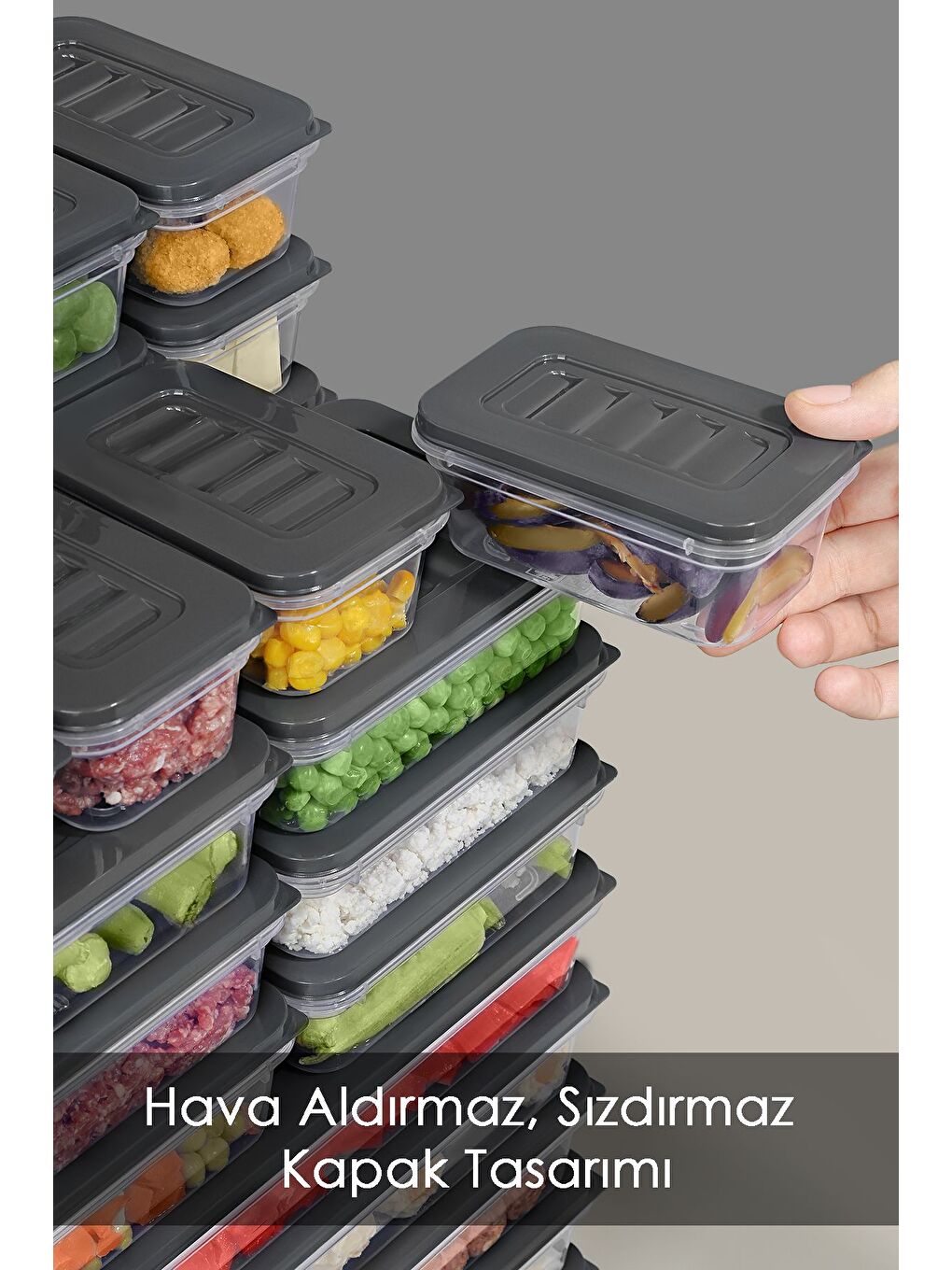 8 li Buzdolabı Organizer Set Düzenleyici Saklama Kabı Derin ve Sığ Mikrodalga Difriz Kabı Antrasit-2