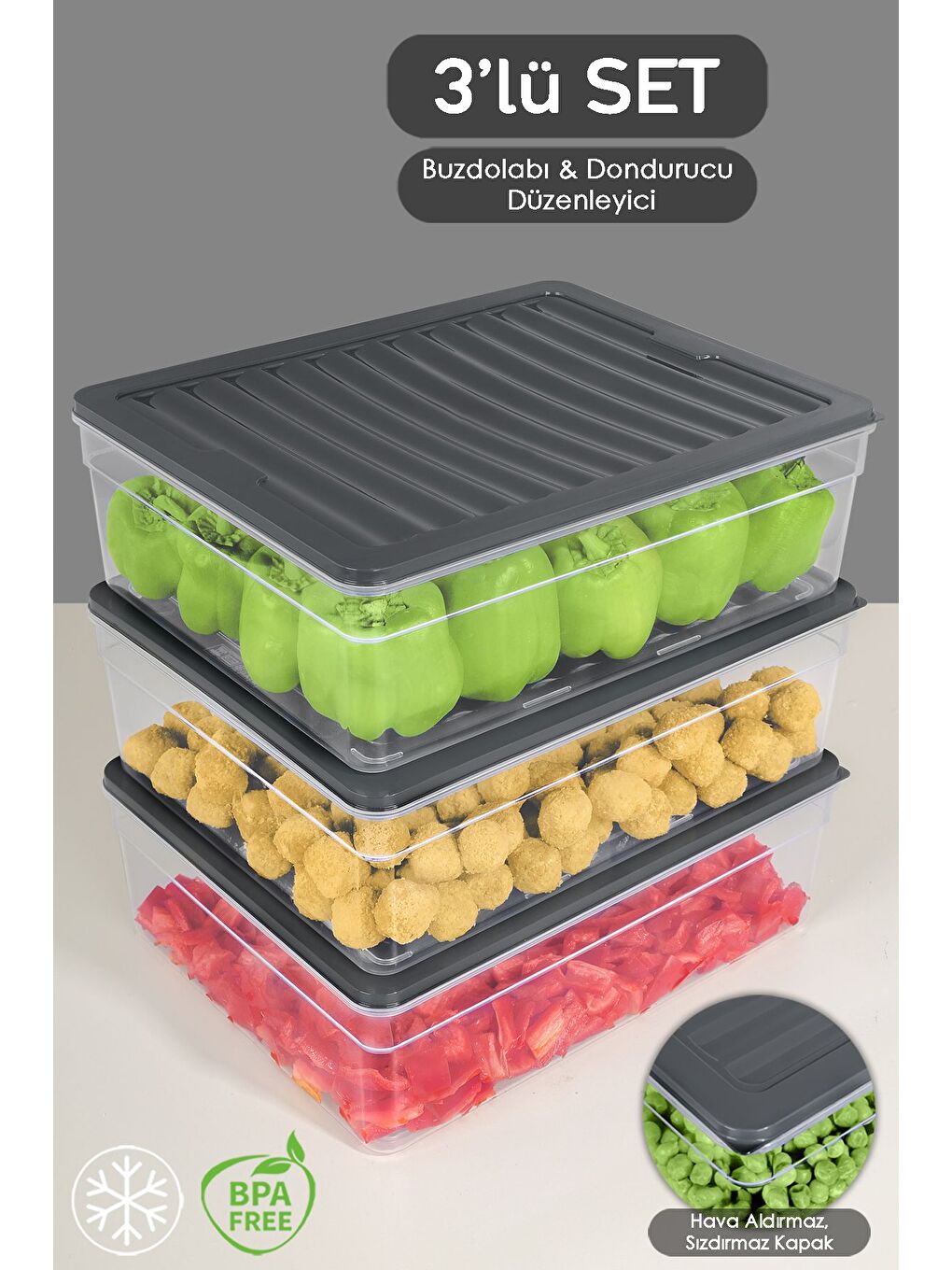 3'lü Derin Mikrodalga Uyu mlu Organizer Set Düzenleyici Gıda Erzak Saklama Kabı 5300 ml Antrasit