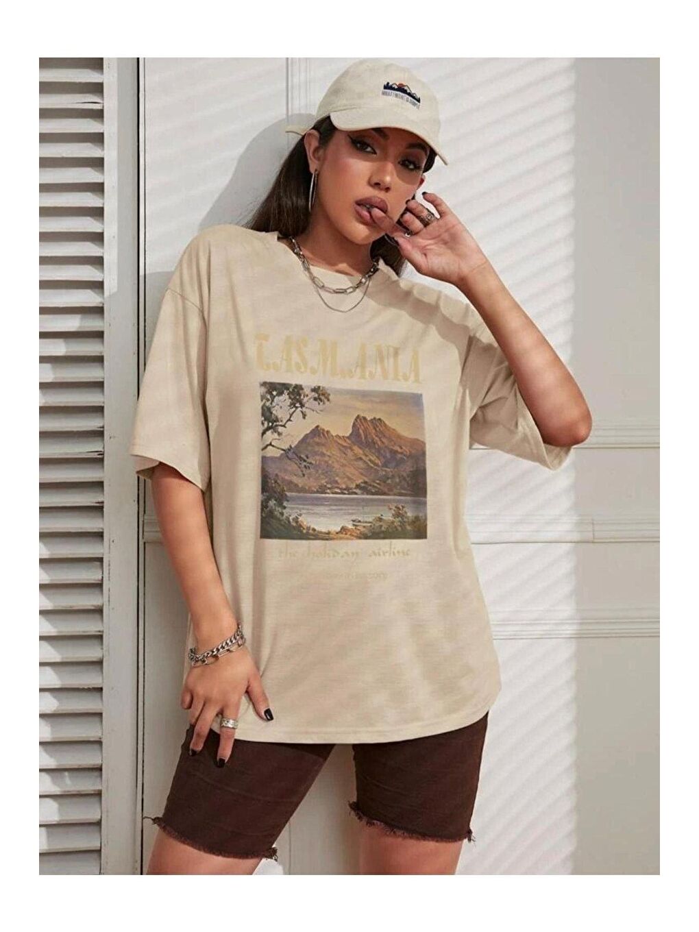 Kadın Bej Tasmania Baskılı Oversize T-shirt-2