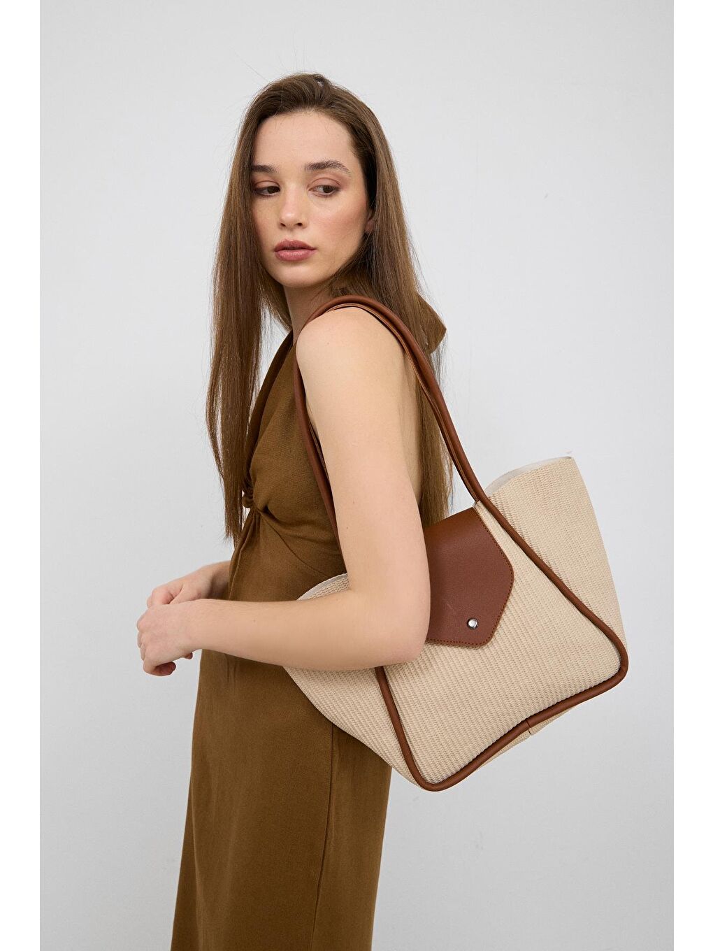 Ekru Petre Hasır Omuz Çantası Krem-1