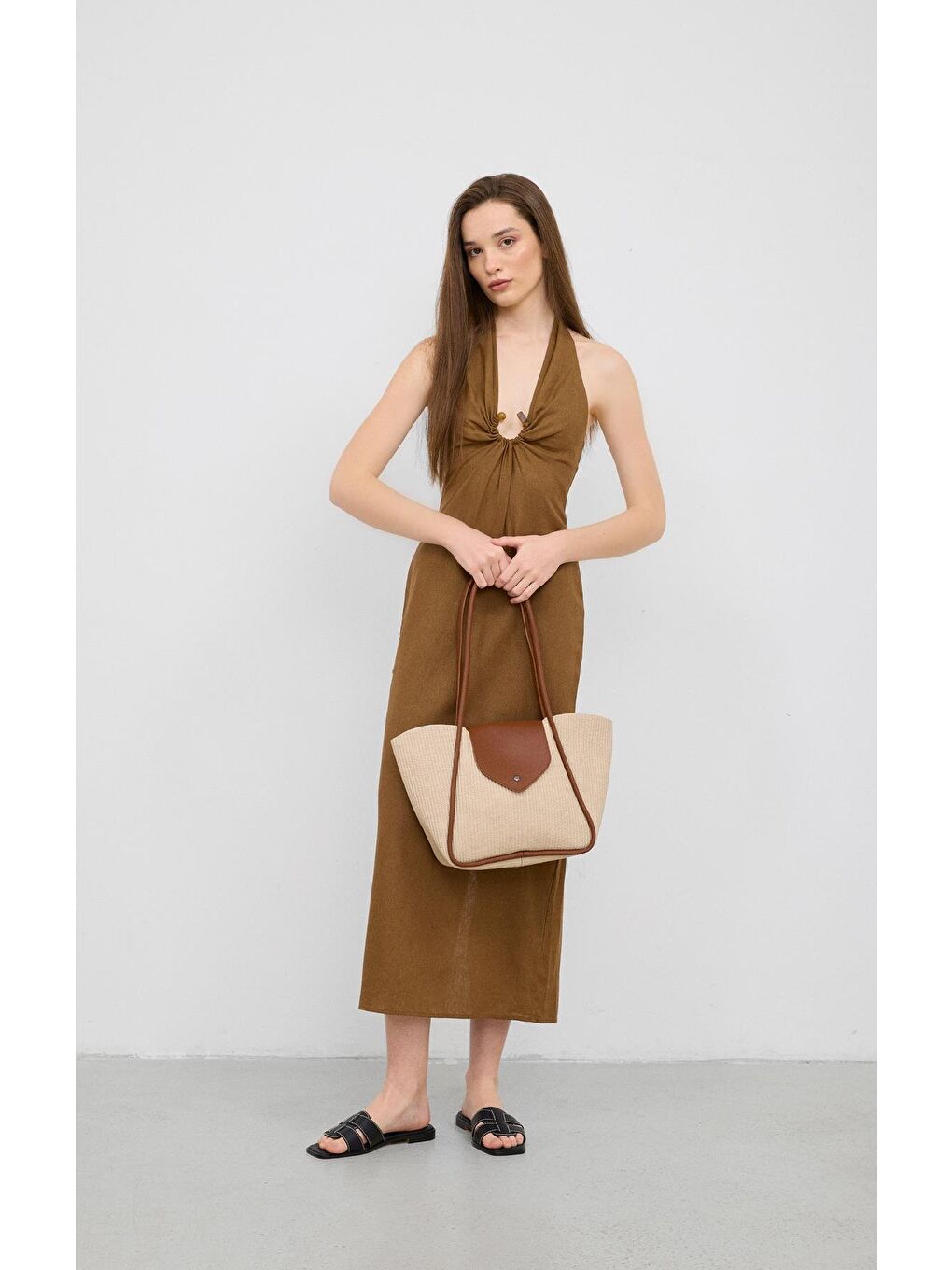 Ekru Petre Hasır Omuz Çantası Krem-2