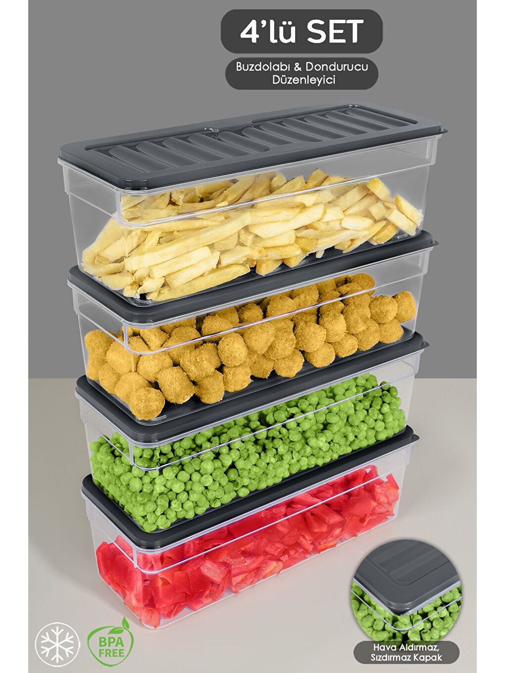 4'lü Derin Buzdolabı Organizer Set 2470 ml Antrasit