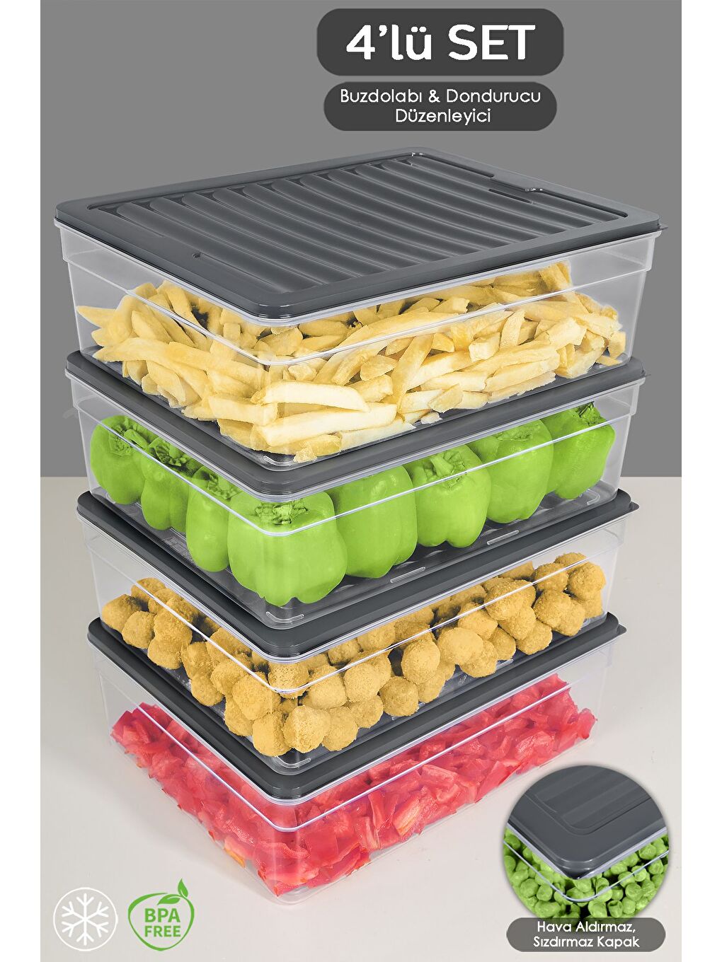 4'lü Derin Buzdolabı Organizer Set 5300 ml Antrasit