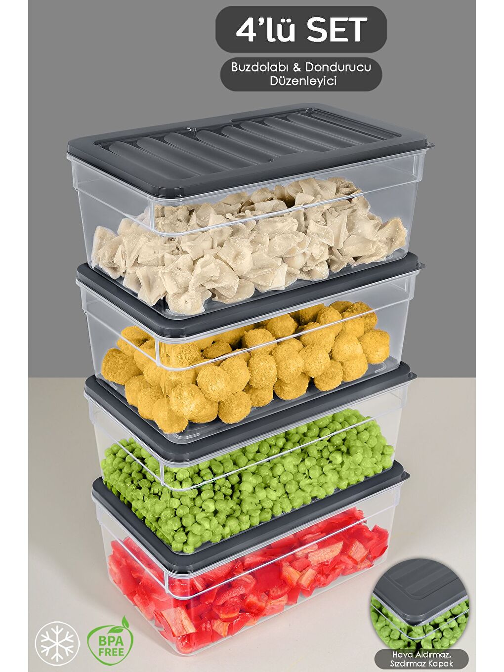 4'lü Derin Buzdolabı Organizer Set 2500 ml Antrasit