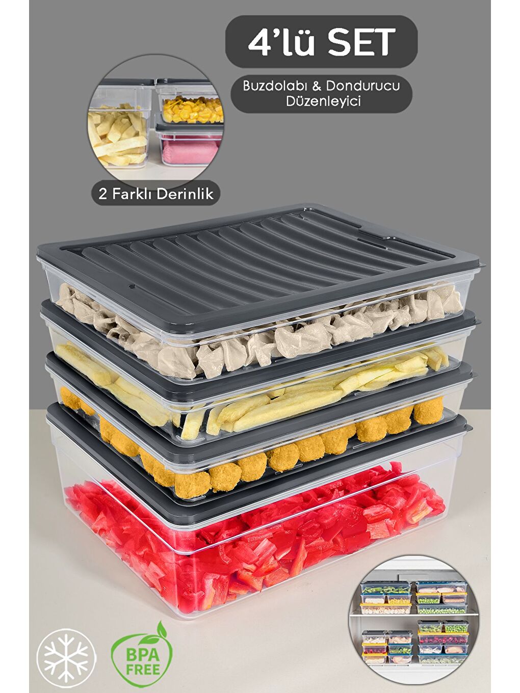 4'lü Buzdolabı Organizer Set Düzenleyici Erzak Saklama Kabı Derin ve Sığ Difriz Kabı xL Antrasit