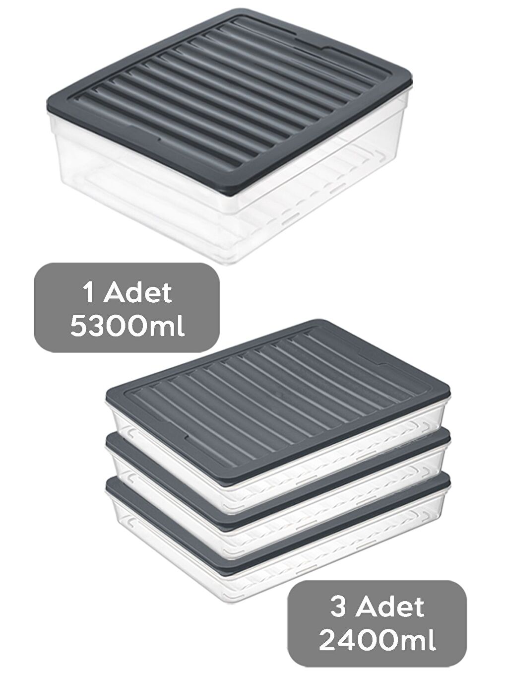 4'lü Buzdolabı Organizer Set Düzenleyici Erzak Saklama Kabı Derin ve Sığ Difriz Kabı xL Antrasit-1