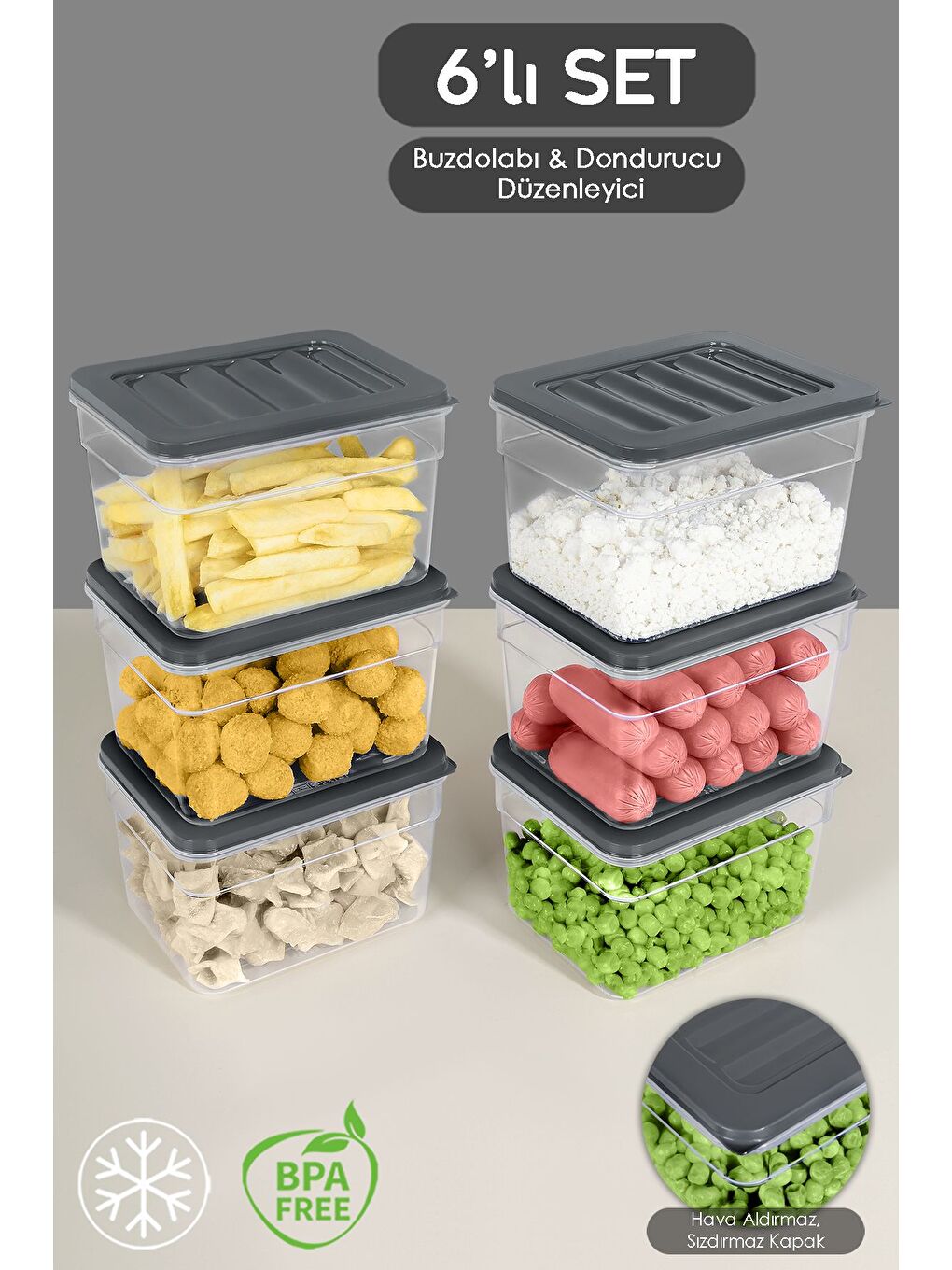 6'lı Derin Buzdolabı Organizer Set 1100 ml Antrasit