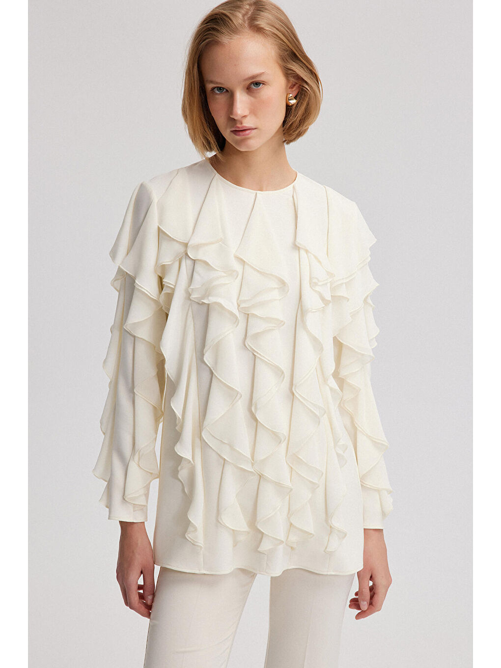 Ekru Volanlı Şifon Tunik-1