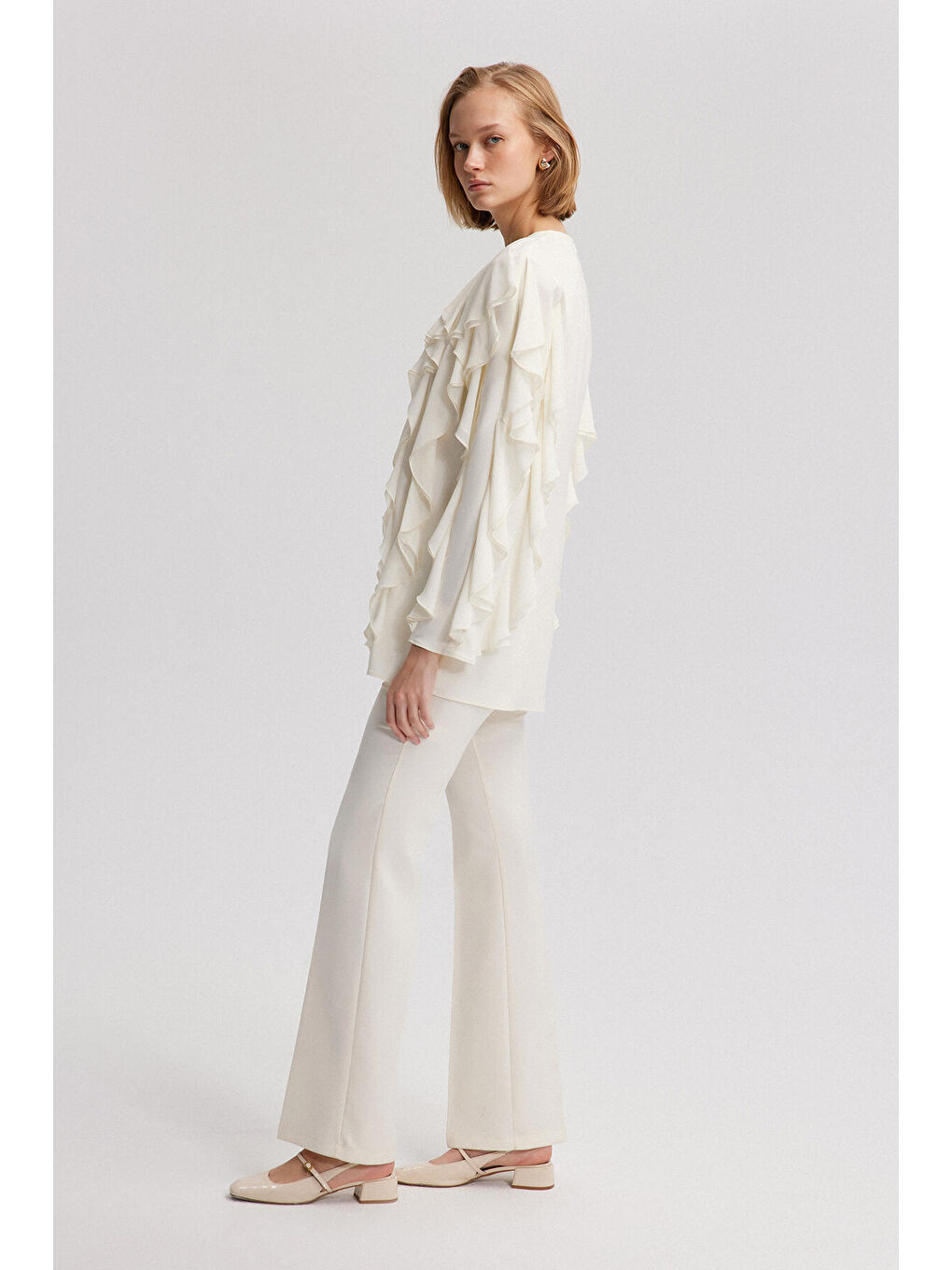 Ekru Volanlı Şifon Tunik-2