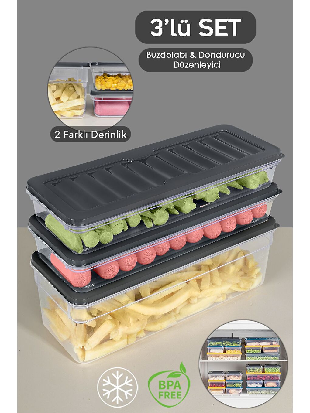 3'lü Buzdolabı Organizer Set Düzenleyici Saklama Kabı Derin ve Sığ Mikrodalga Difriz Kabı L Antrasit