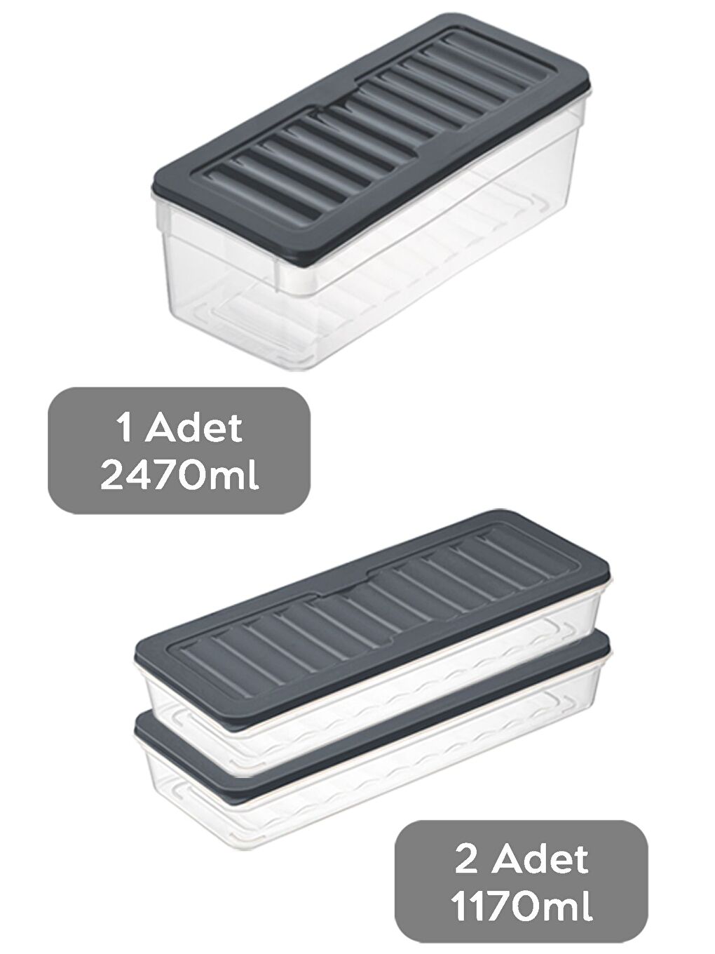 3'lü Buzdolabı Organizer Set Düzenleyici Saklama Kabı Derin ve Sığ Mikrodalga Difriz Kabı L Antrasit-1