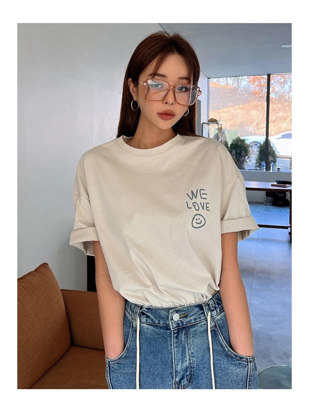 Kadın Bej Love Love Love Baskılı Oversize T-shirt-1