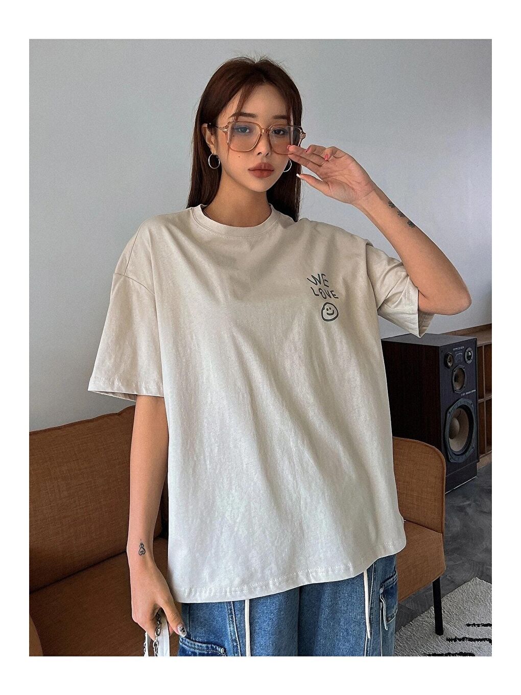 Kadın Bej Love Love Love Baskılı Oversize T-shirt-2