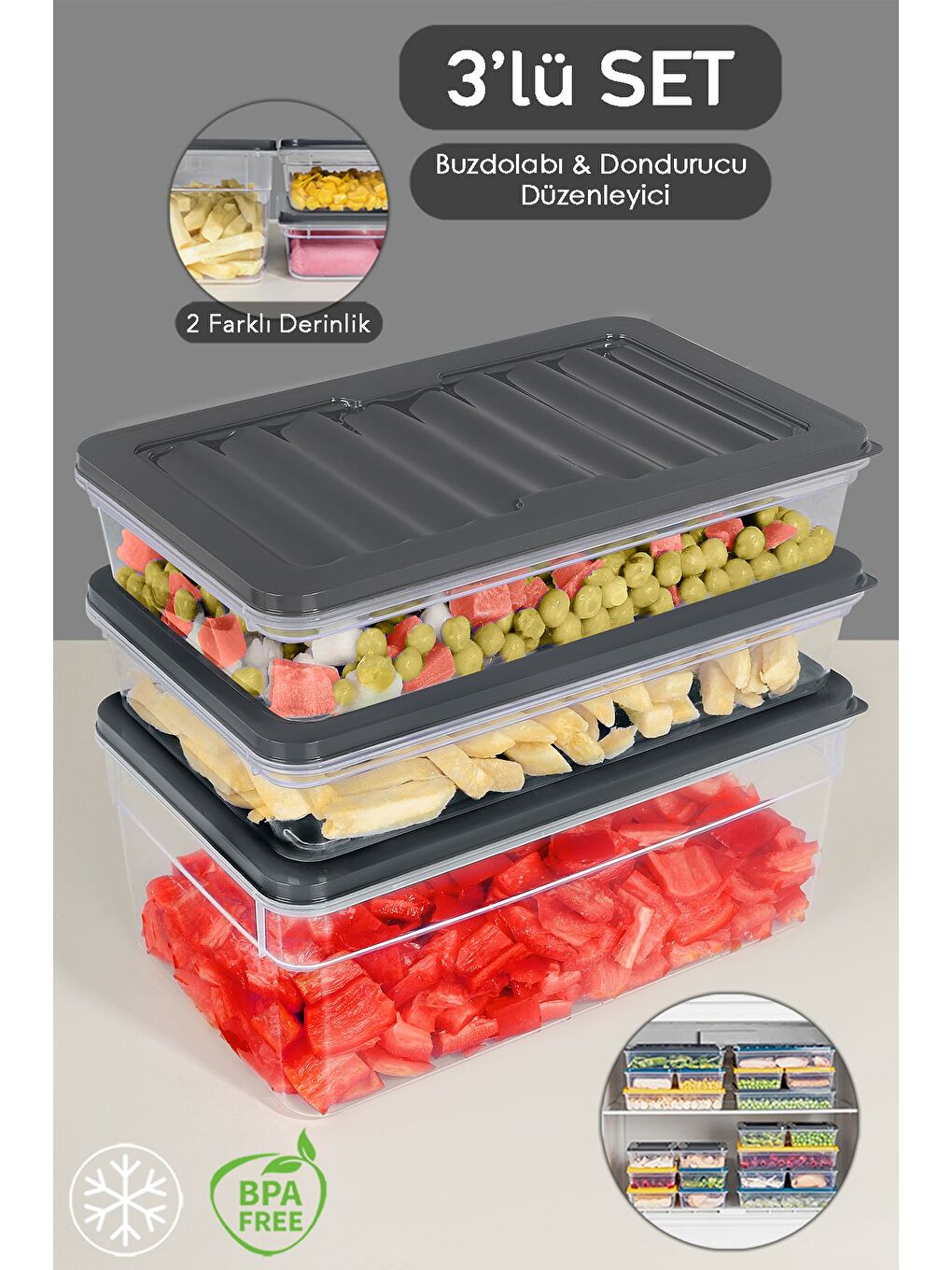 3'lü Buzdolabı Organizer Set Düzenleyici Saklama Kabı Derin ve Sığ Mikrodalga Difriz Kabı M Antrasit