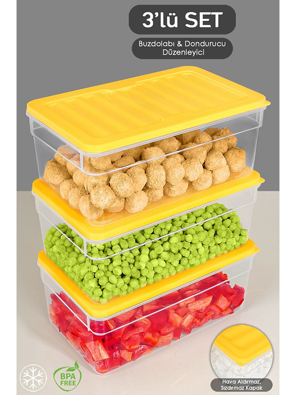 3'lü Derin Mikrodalga Uyu mlu Organizer Set Düzenleyici Gıda Erzak Saklama Kabı 2500 ml Sarı