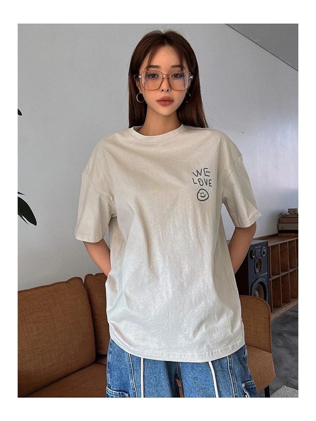 Kadın Bej Love Love Love Baskılı Oversize T-shirt-3