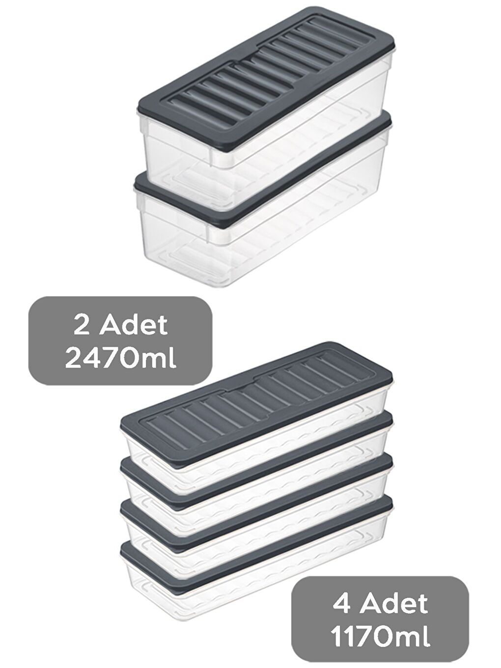 6'lı Buzdolabı Organizer Set Düzenleyici Saklama Kabı Derin ve Sığ Mikrodalga Difriz Kabı L Antrasit-1