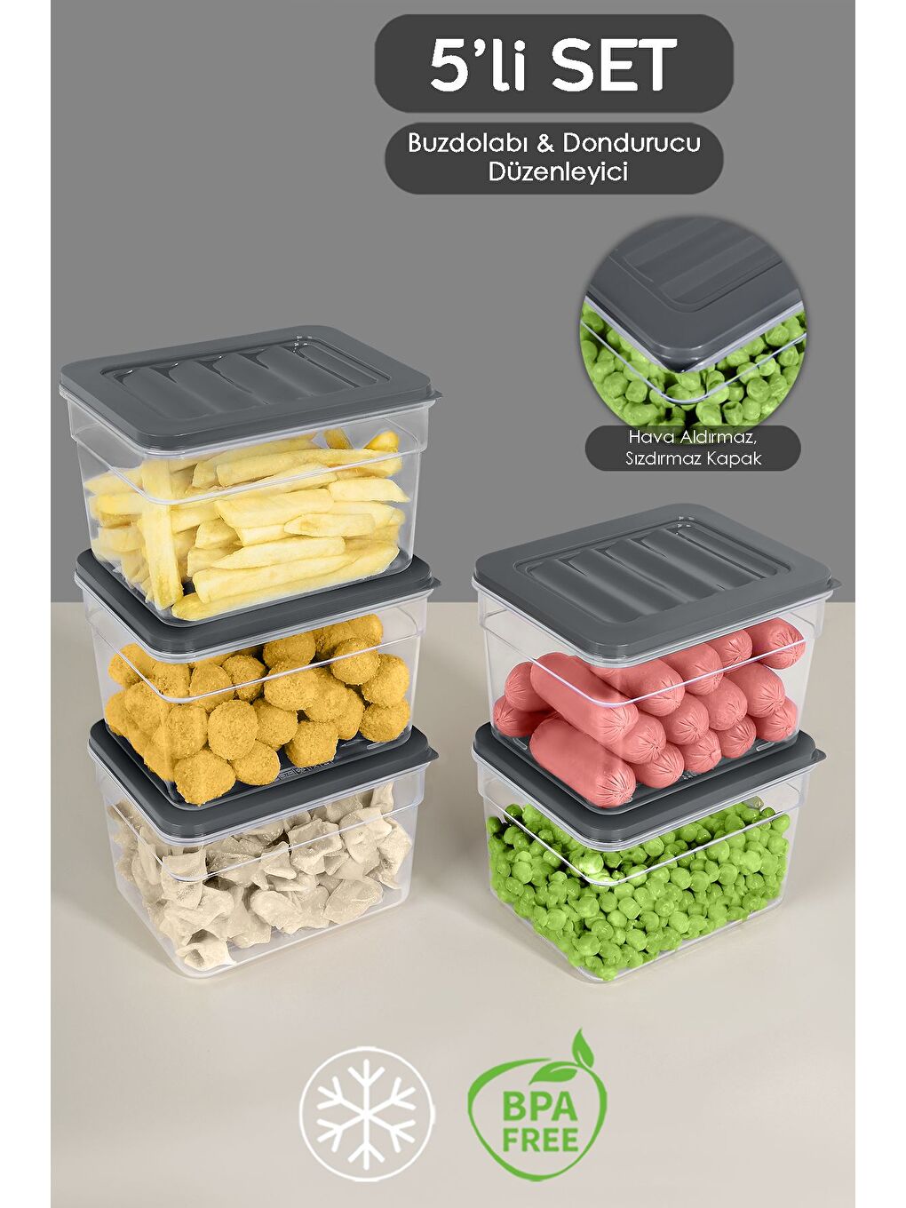 5'li Derin Mikrodalga Uyu mlu Organizer Set Düzenleyici Gıda Erzak Saklama Kabı 1100 ml Antrasit