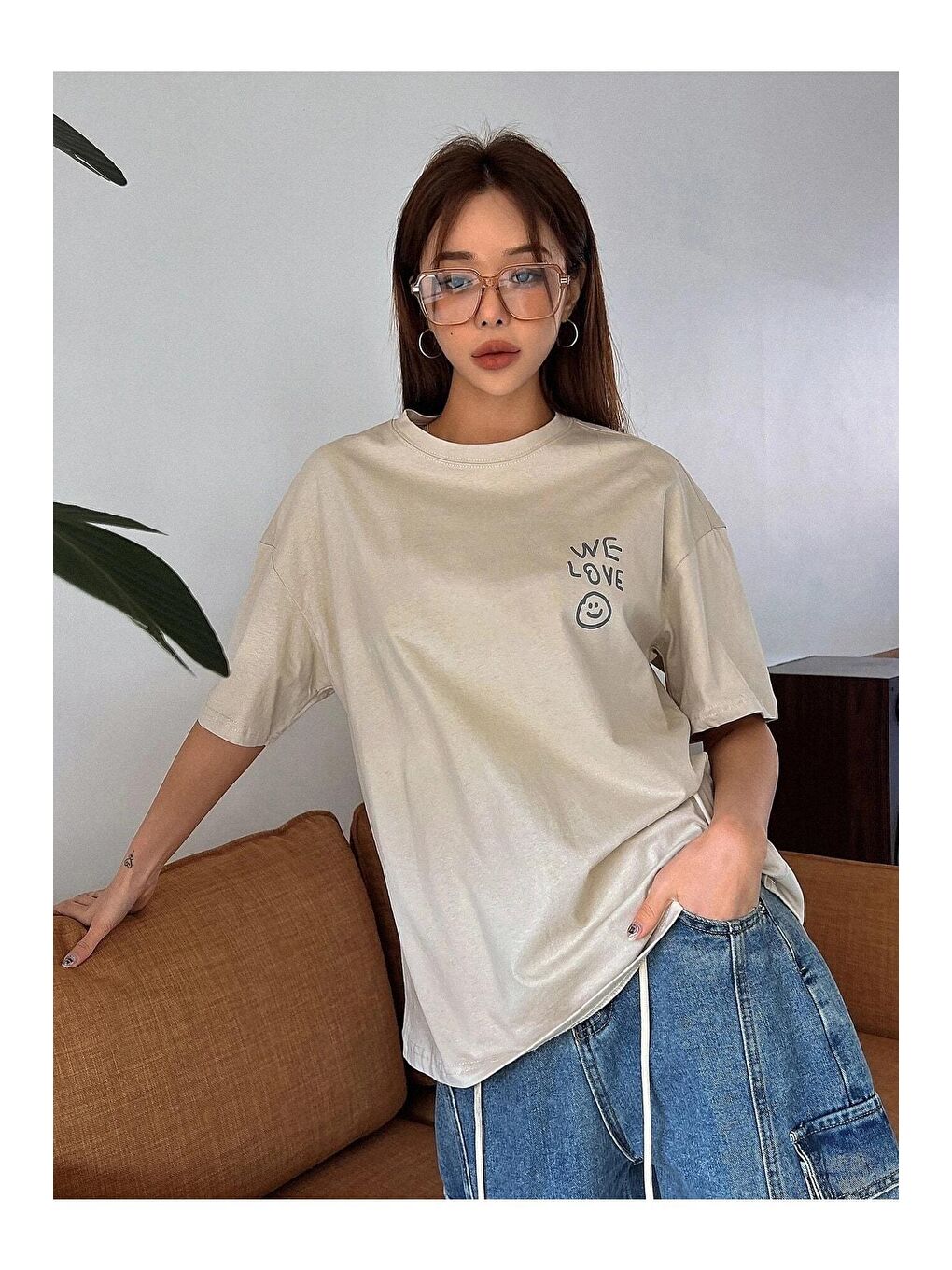 Kadın Bej Love Love Love Baskılı Oversize T-shirt-4
