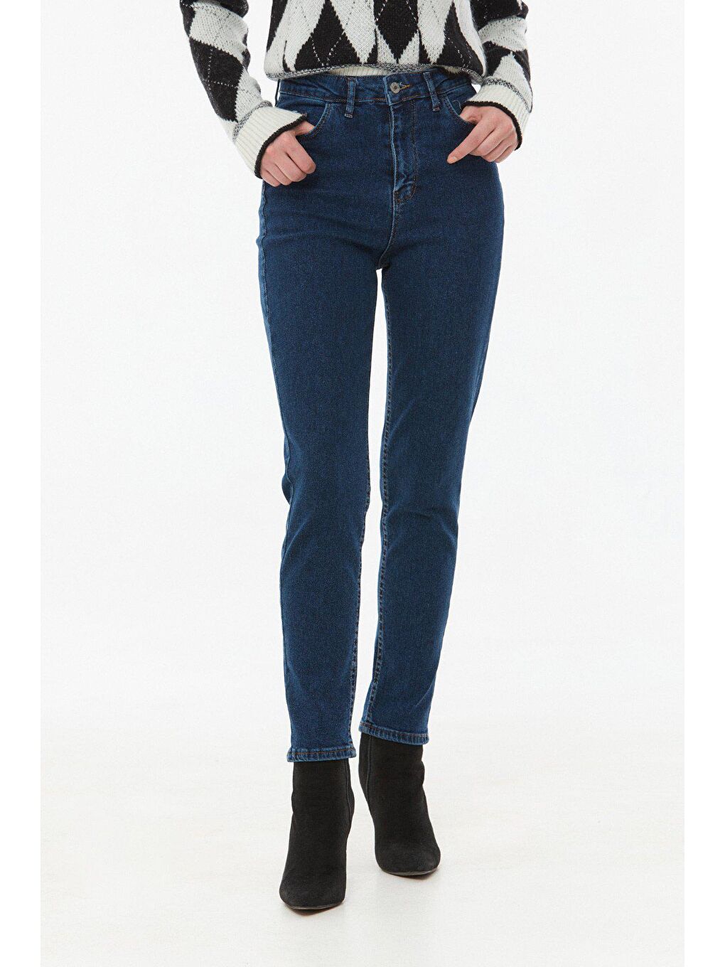 Lacivert Yüksek Bel Straight Jean-2