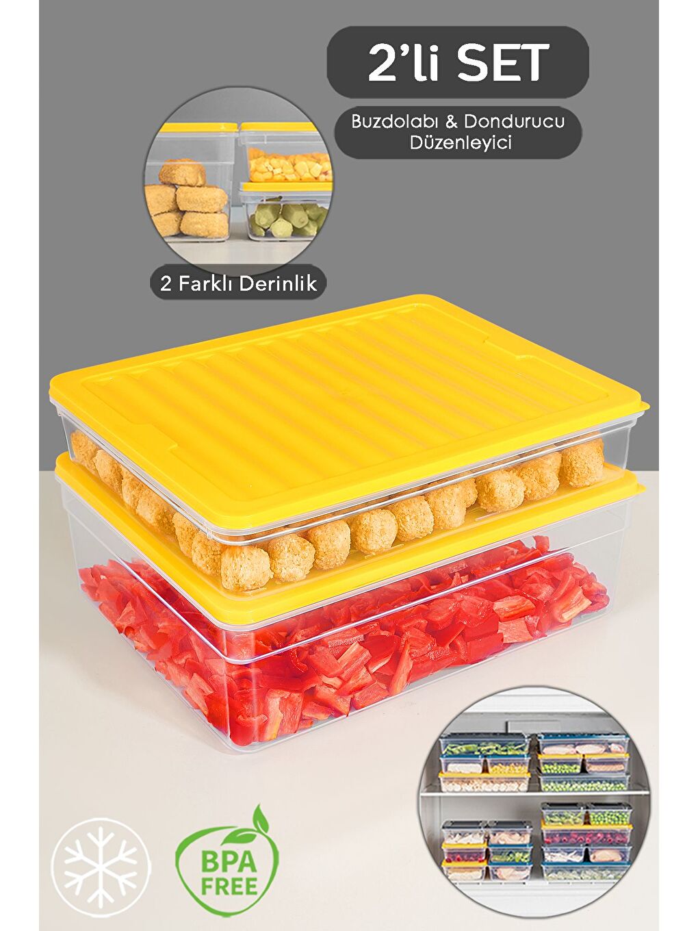 2'li Buzdolabı Organizer Set Düzenleyici Saklama Kabı Derin ve Sığ Mikrodalga Difriz Kabı xL Sarı