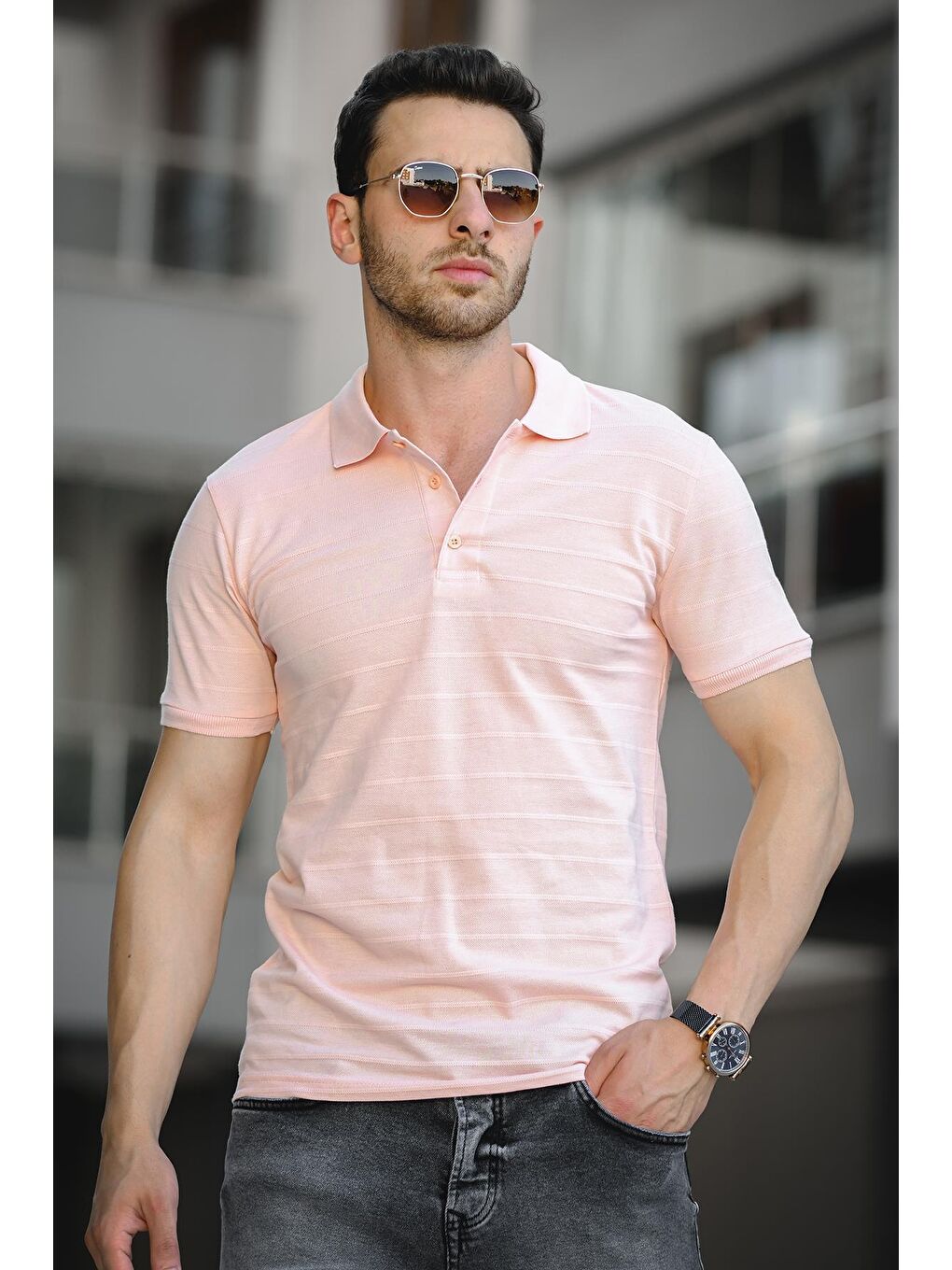 Pembe Çizgili Slim Fit Erkek Bisiklet Yaka Tişört