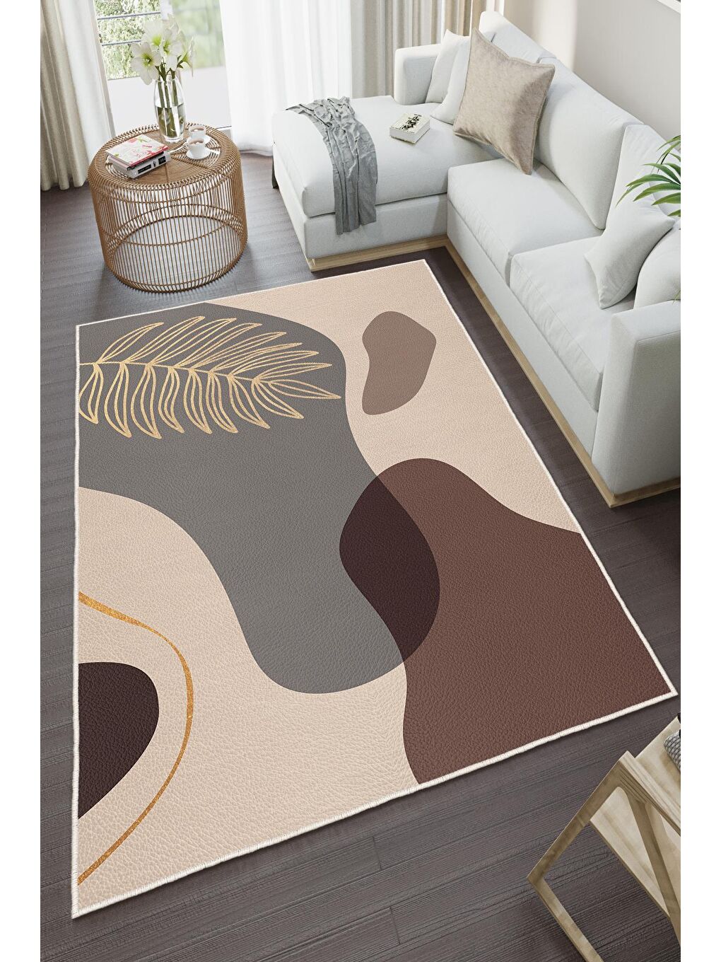 Bej Özel Tasarım, Kaymaz Taban, İnce, Yıkanabilir, Modern Halı WOOKECE1464 160x230-2