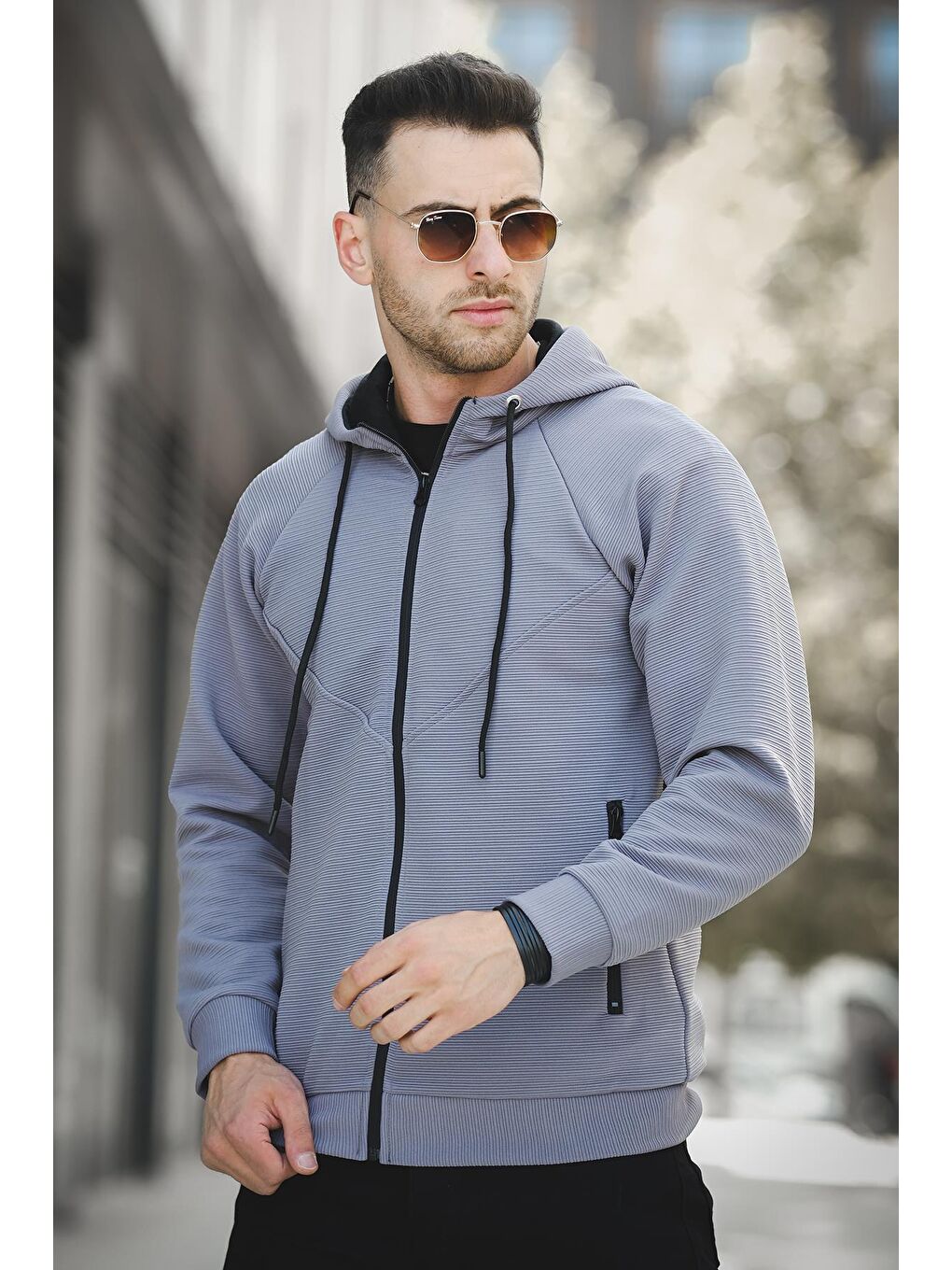 Gri Milos Ottoman Dokuma Kapüşonlu   Erkek Fermuarlı Sweatshirt Hırka