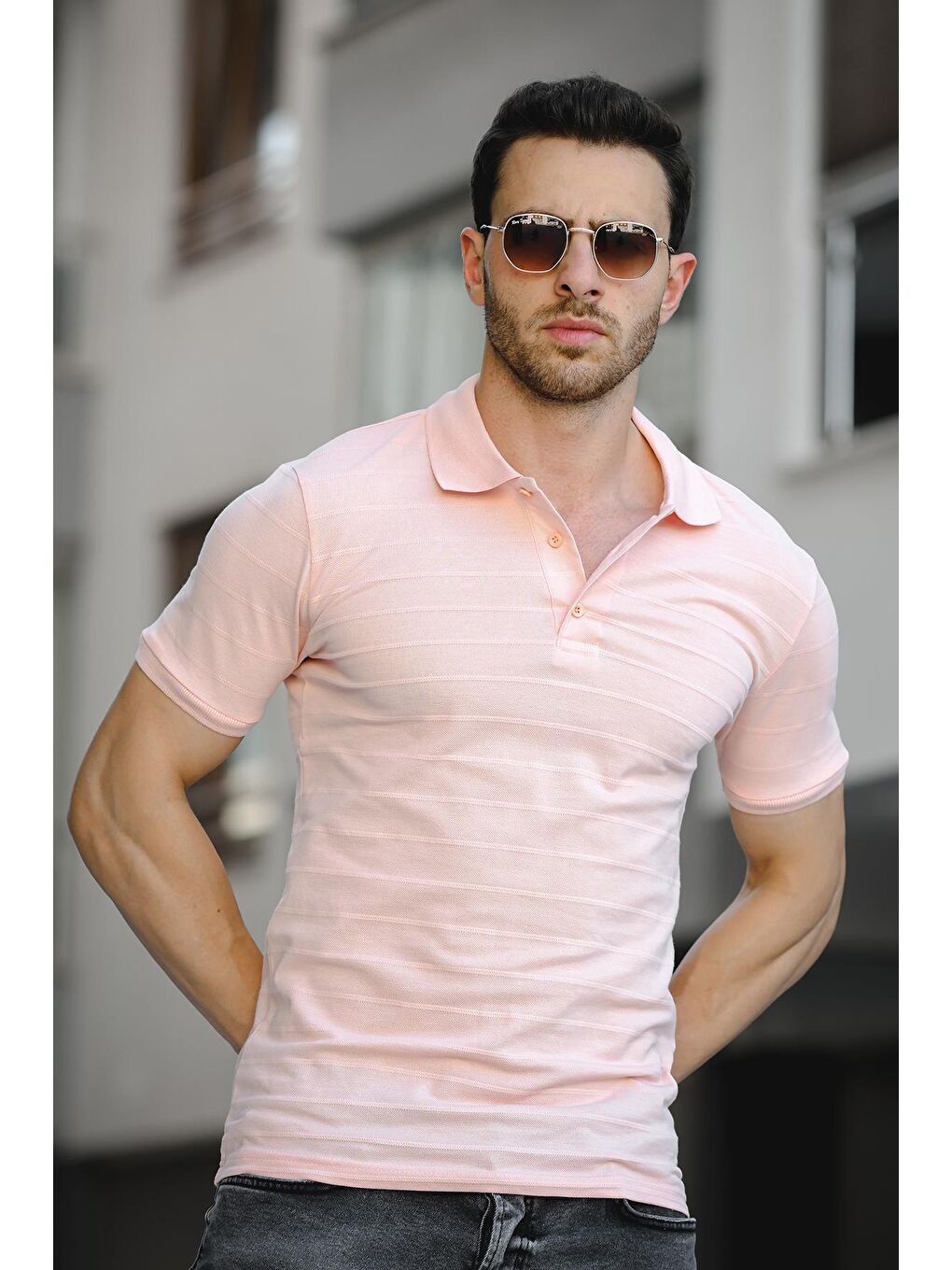 Pembe Çizgili Slim Fit Erkek Bisiklet Yaka Tişört-1