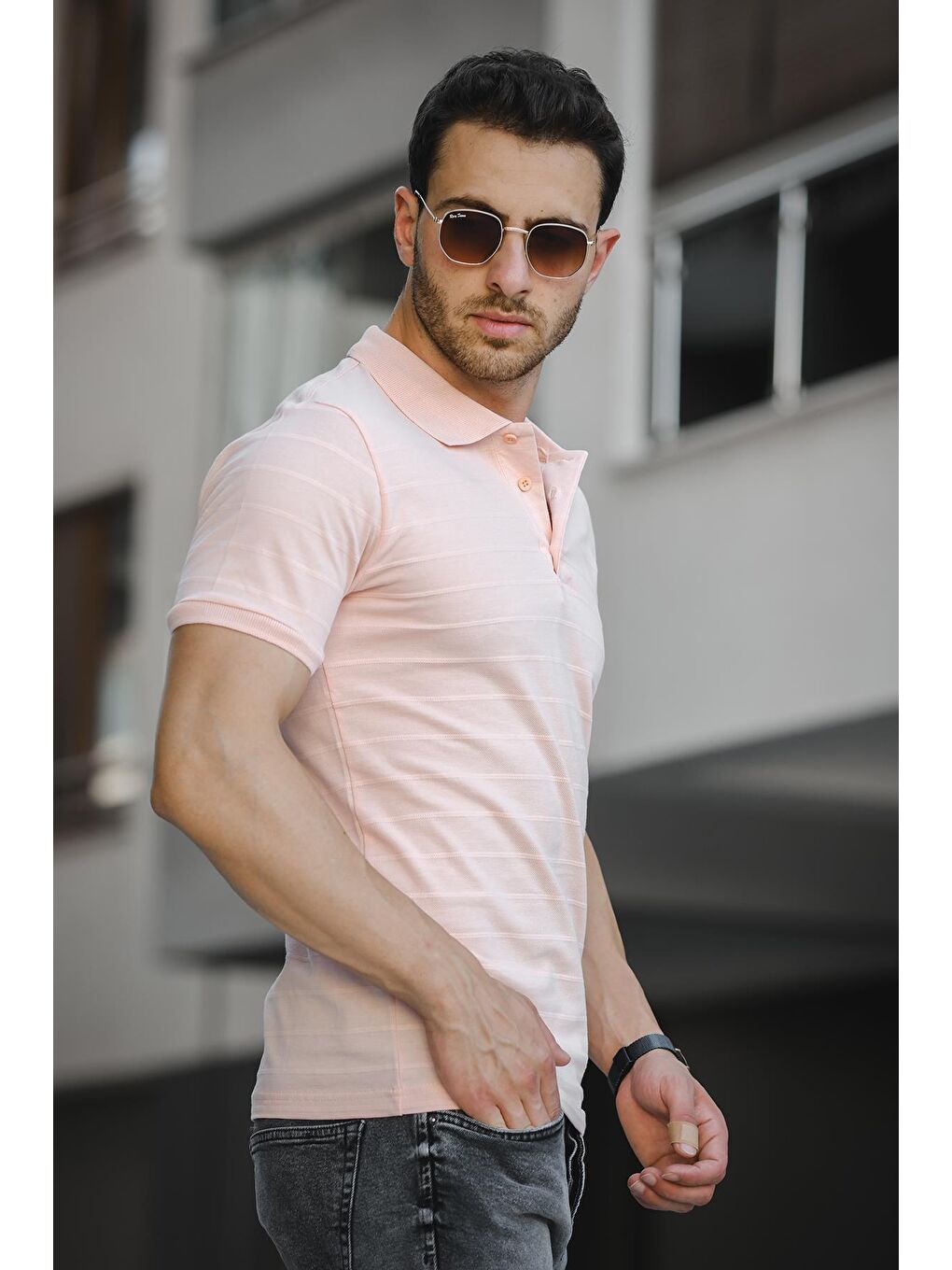 Pembe Çizgili Slim Fit Erkek Bisiklet Yaka Tişört-2