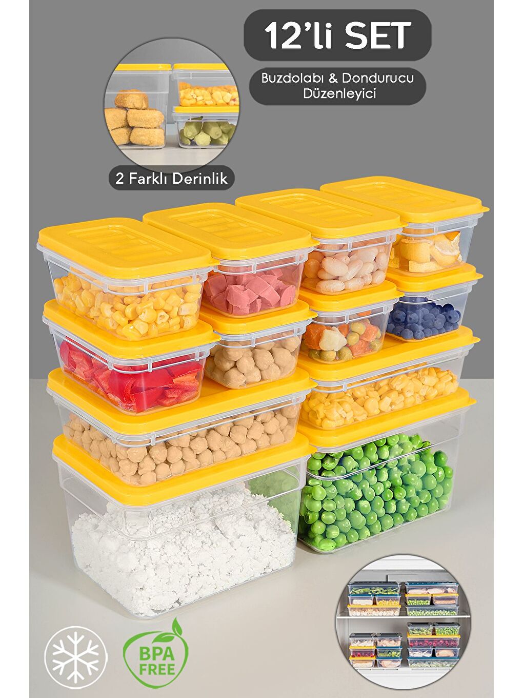 12'li Mikrodalga Uyu mlu Organizer Set Düzenleyici Gıda Erzak Saklama Kabı Derin ve Sığ Sarı