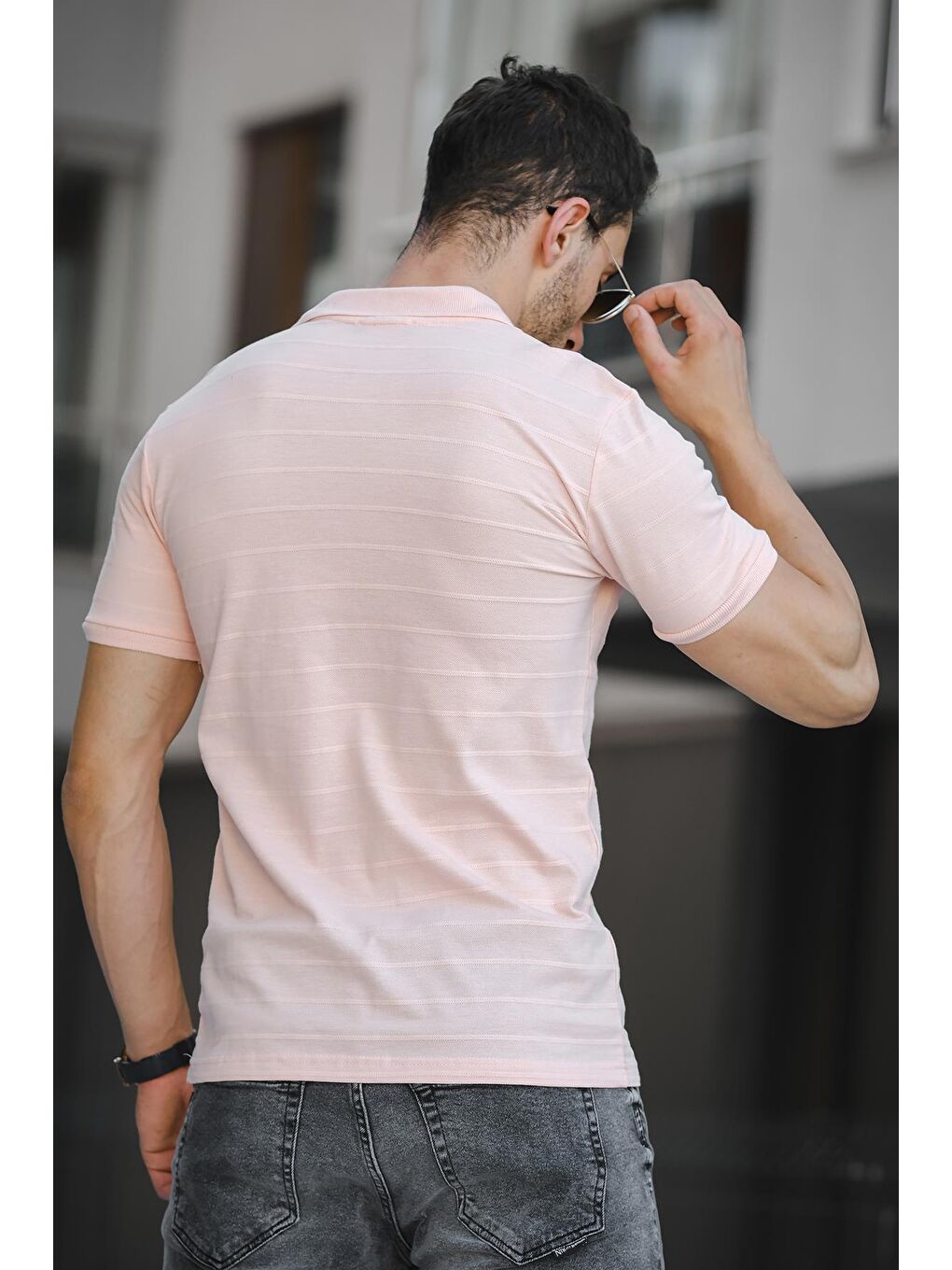 Pembe Çizgili Slim Fit Erkek Bisiklet Yaka Tişört-4