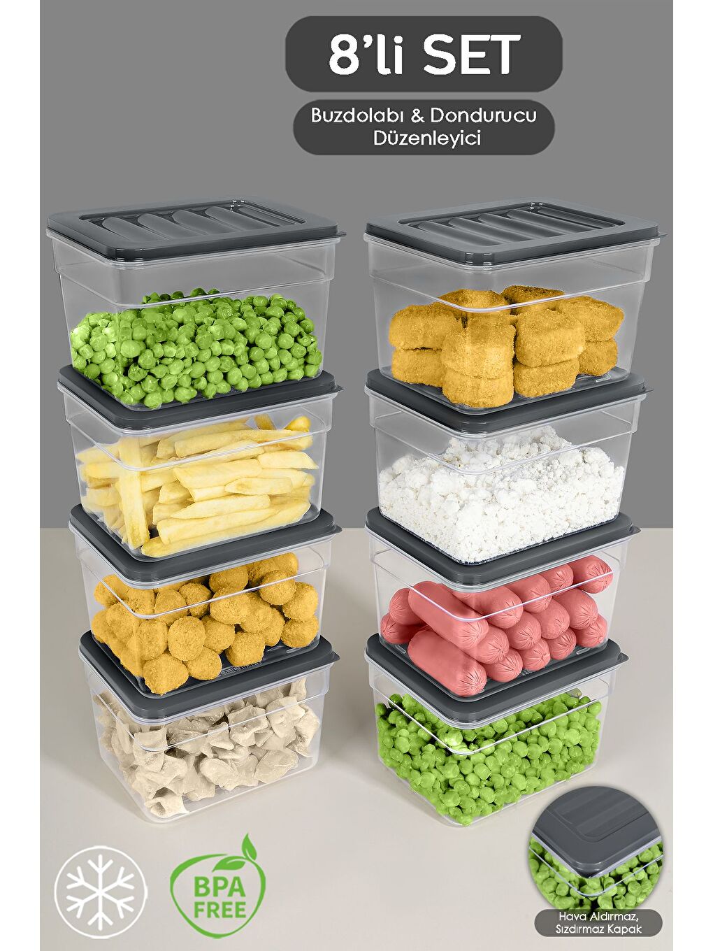 8 li Derin Mikrodalga Uyu mlu Organizer Set Düzenleyici Gıda Erzak Saklama Kabı 1100 ml Antrasit