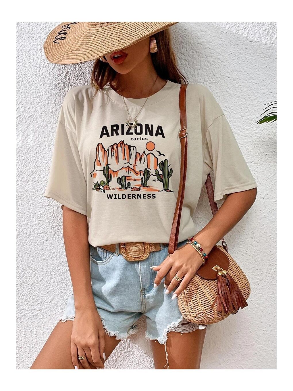 Kadın Bej Arizona Wilderness Baskılı Oversize T-shirt-2