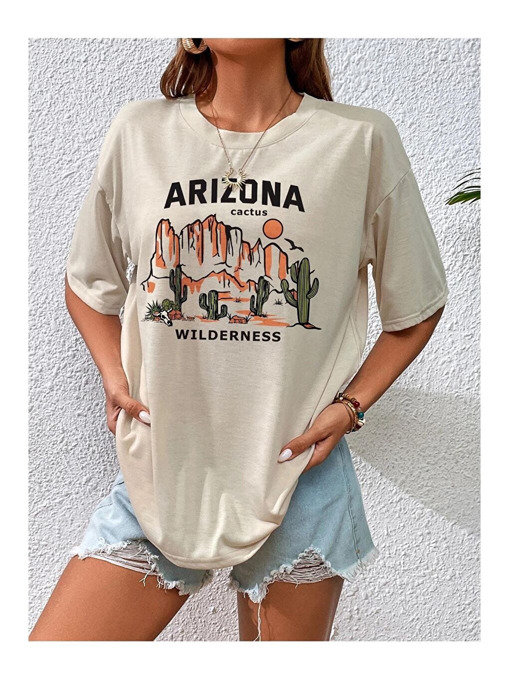 Kadın Bej Arizona Wilderness Baskılı Oversize T-shirt-3