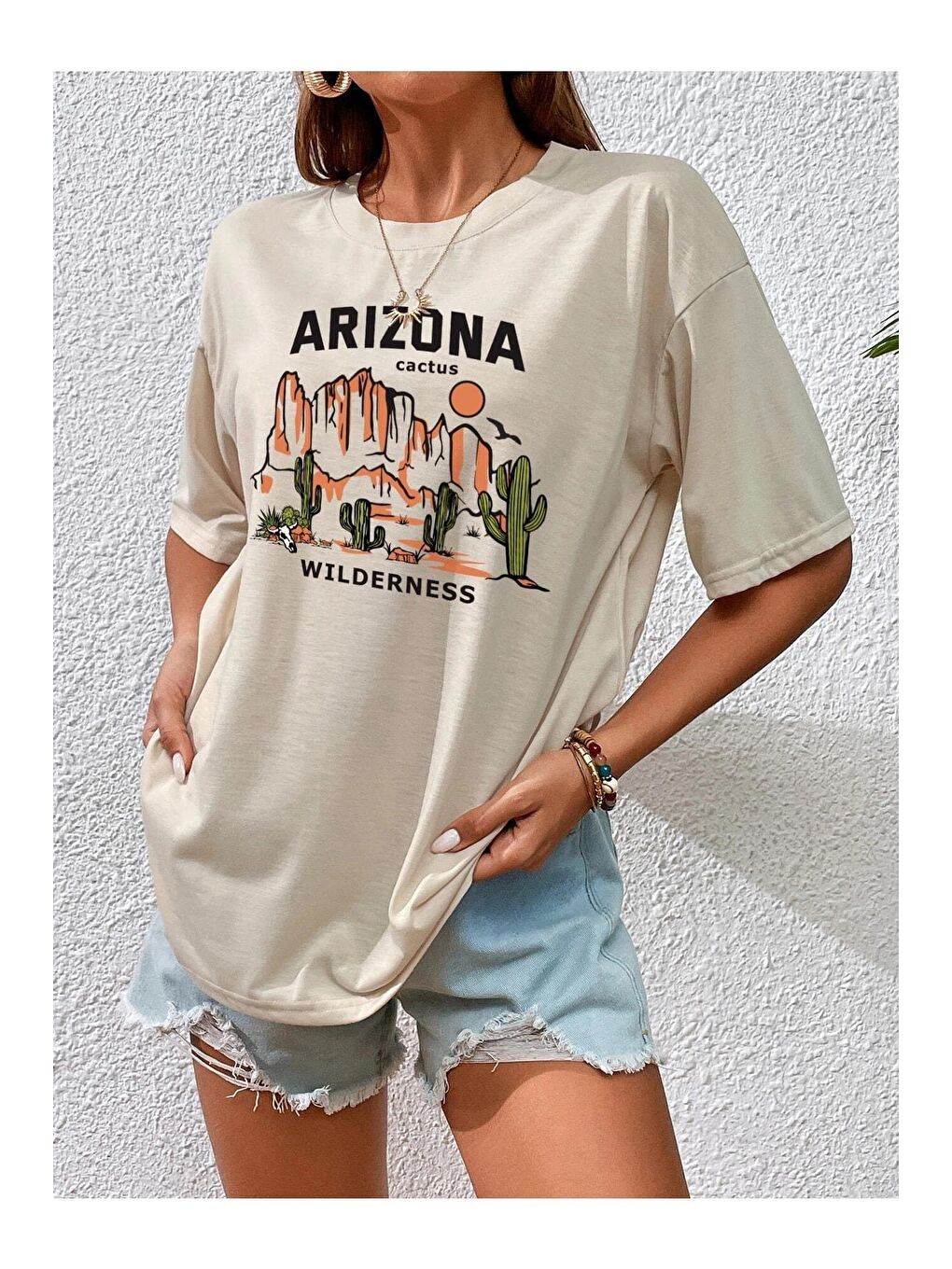 Kadın Bej Arizona Wilderness Baskılı Oversize T-shirt-4