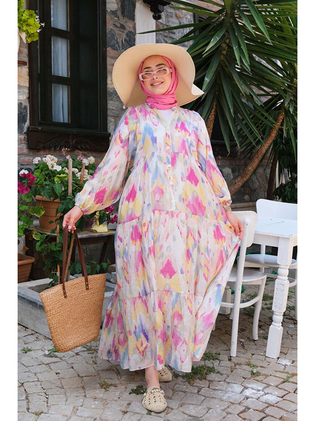 Sulu Boya Desen Elbise Fuşya-1